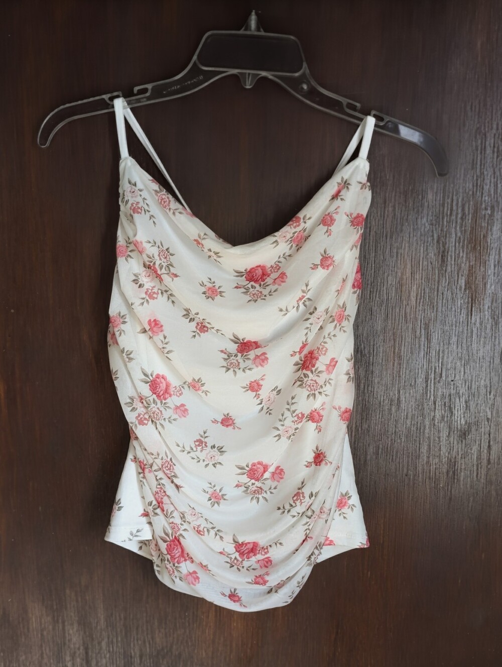 Floral Cowl Neck Spaghetti Strap Top - White with Pink Roses
